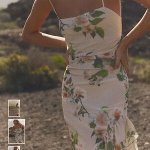 Zara Cream Floral Midi Dress with Spaghetti Straps